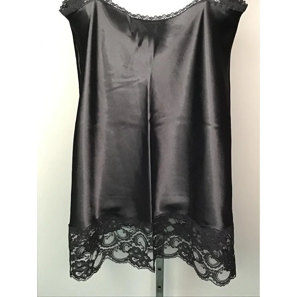 VTG 80's Black Satin Lace Trim Sz L Nightgown Lingerie + Ashley Taylor Half Slip